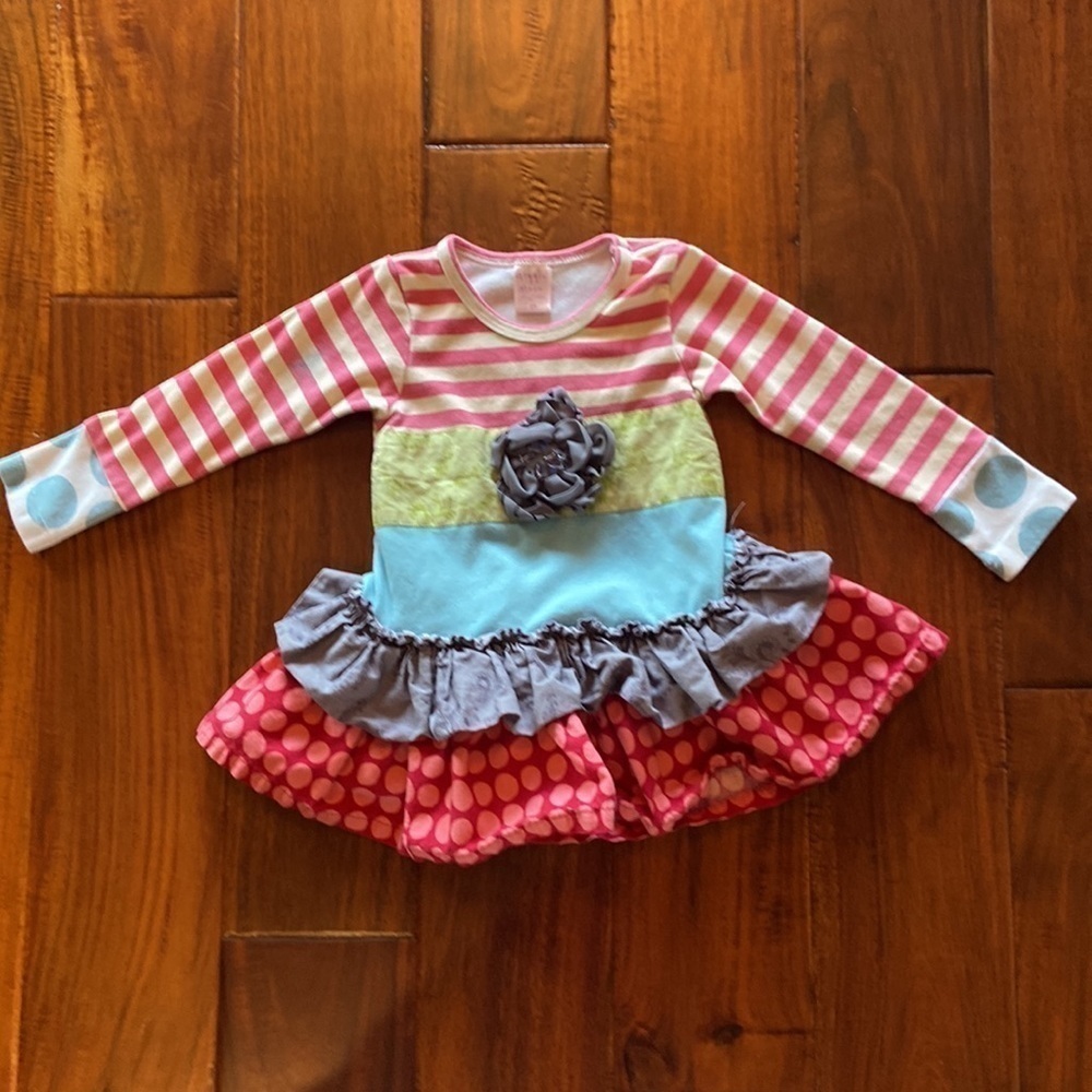 Girls Giggle Moon Ruffles Stripes Dots Pink and Blue Dress in Size 2T [GREAT] - Picture 3 of 7
